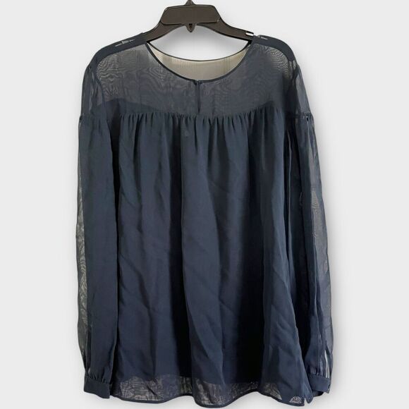 Akris Punto Navy Blue Sheer `100% Viscose Size 10 Blouse Long Sleeved Top Medium - Picture 1 of 9